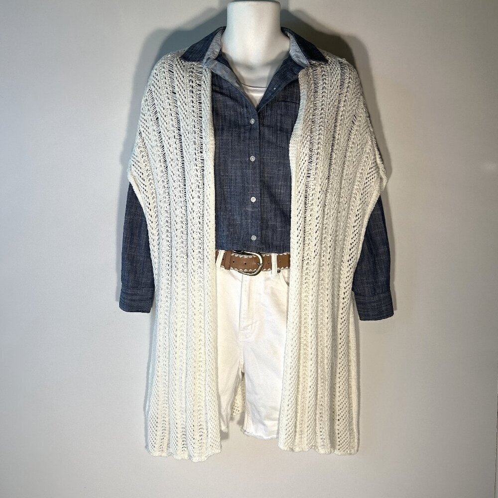 American Eagle SZ L/XL Ivory Crochet Long Vest Bohemian 70's Cottage core Prepp